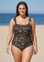 Black Palm Print Tie Shoulder One Piece Swimsuit with High Slit Sarong Skirt Set
