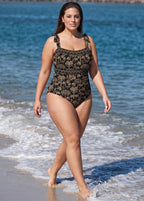 Black Palm Print Tie Shoulder One Piece Swimsuit with High Slit Sarong Skirt Set