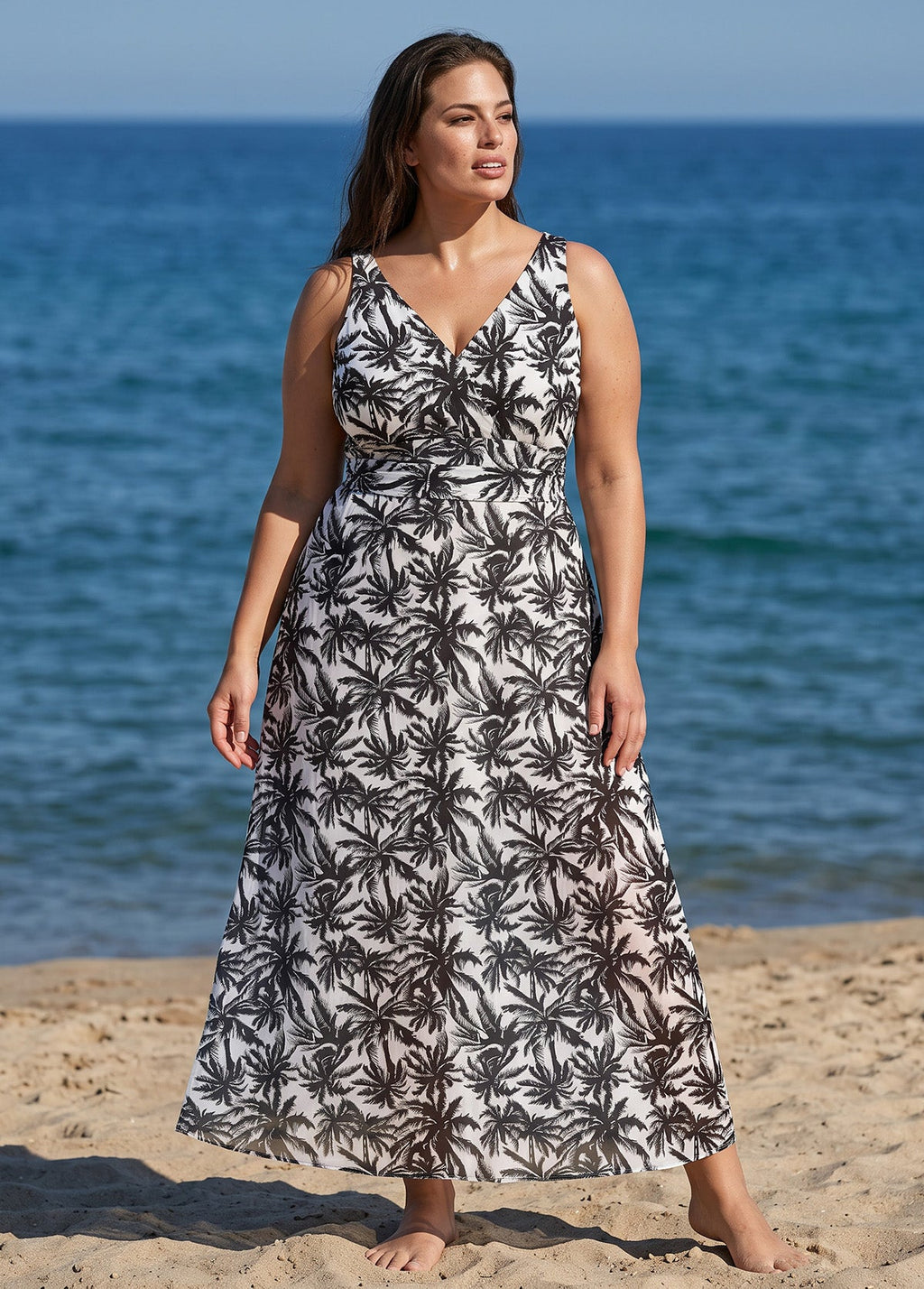 Black Palm Print Sleeveless Wrap Curvy One Piece Swimsuit with Sarong Skirt Set