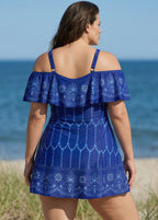 Plus Size Navy Off The Shoulder Line Flowers Women One Piece Swimdress