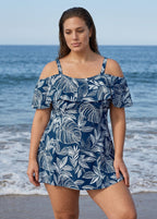 White Leaf Print Off The Shoulder Modest Curvy Women's Swimsuit One Piece Swimdress