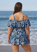 White Leaf Print Off The Shoulder Modest Curvy Women's Swimsuit One Piece Swimdress