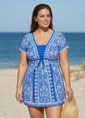Curvy Blue And White Floral Short Sleeves Modest Padded Women's Swimsuit Swimdress Top