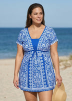 Curvy Blue And White Floral Short Sleeves Modest Padded Women's Swimsuit Swimdress Top