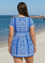 Curvy Blue And White Floral Short Sleeves Modest Padded Women's Swimsuit Swimdress Top
