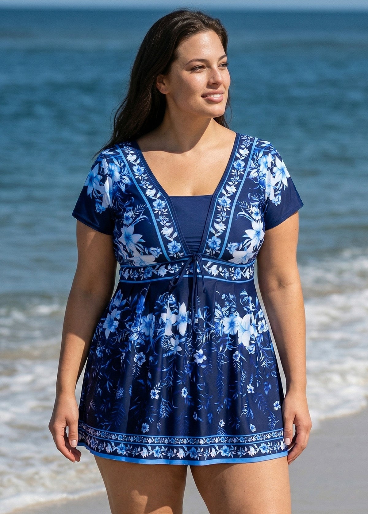 Blue Floral Short Sleeves Vintage Padded Plus Size Women's Swimsuit Swimdress Top