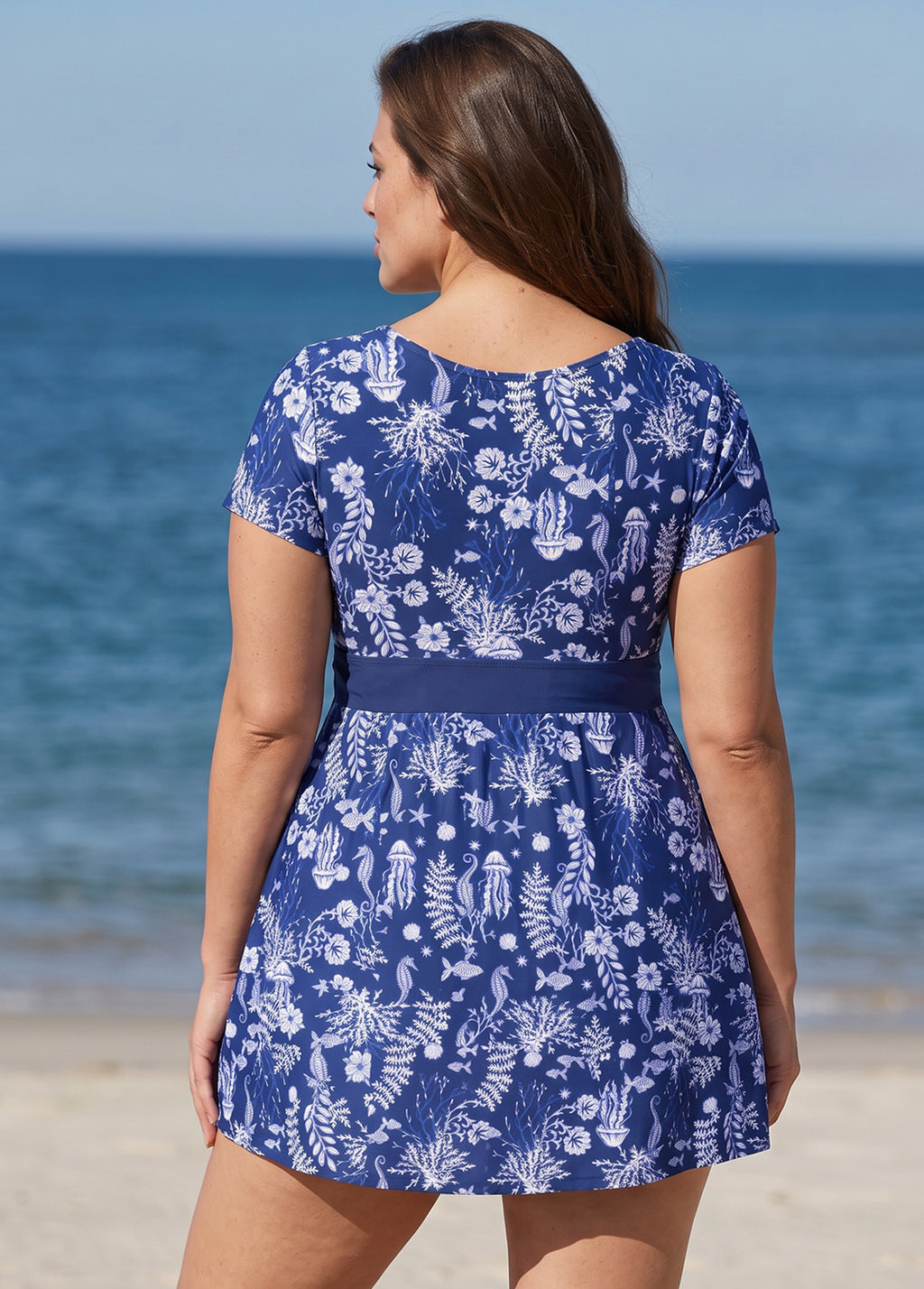 Curvy Purple Floral Print UPF50+ Short Sleeves Modest Padded Women's Swimsuit Swimdress Top