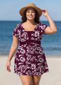 Red Floral UPF50+ Short Sleeves Vintage Padded Plus Size Women's Swimsuit Swimdress Top