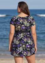 Black Floral UPF50+ Short Sleeves Flattering Padded Curvy Women's Swimsuit Swimdress Top