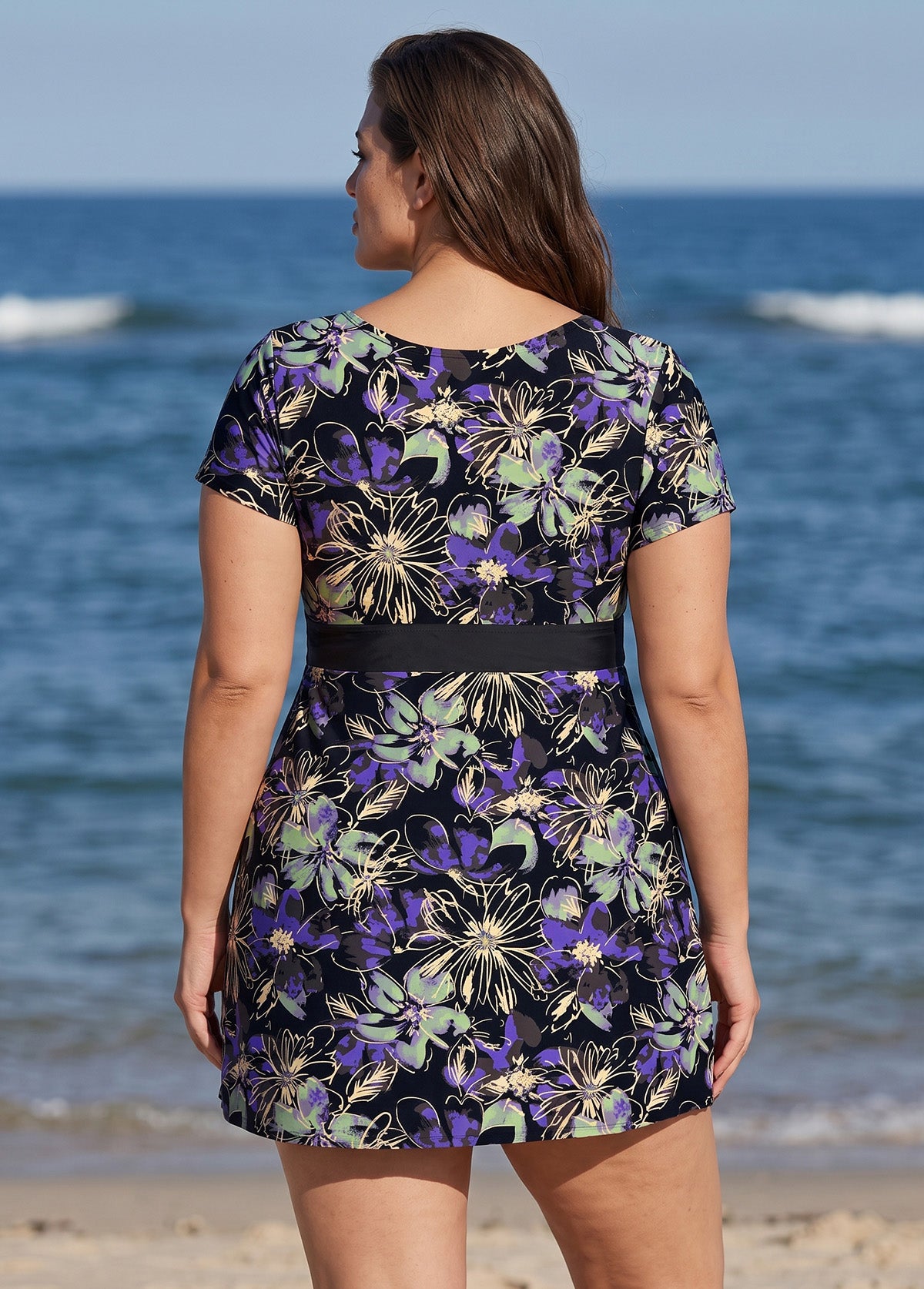 Black Floral UPF50+ Short Sleeves Flattering Padded Curvy Women's Swimsuit Swimdress Top