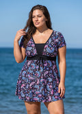 Curvy Black Paisley Print UPF50+ Short Sleeves Vintage Padded Women's Swimsuit Swimdress Top