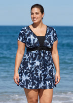 Navy Floral Print UPF50+ Short Sleeves Flattering Padded Curvy Women's Swimsuit Swimdress Top
