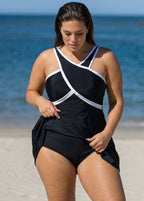 Black And White Cross Front High Neck One Piece Swimdress