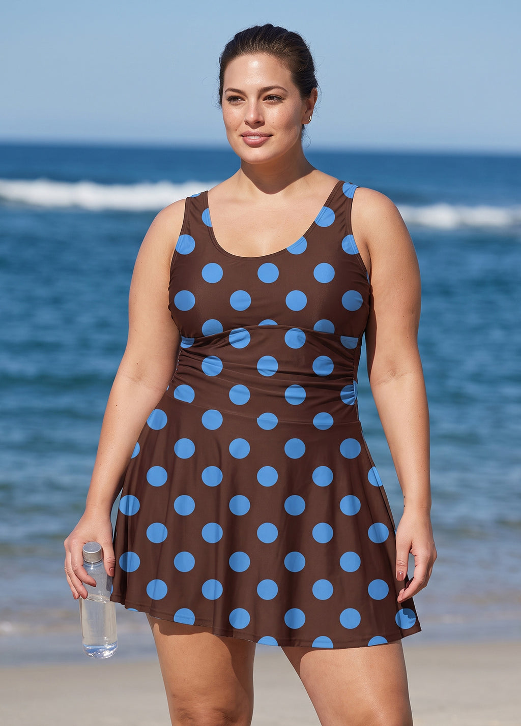 Brown Dot Scoop Neck Flattering Tummy Control Vintage Plus Size Swimdress Set