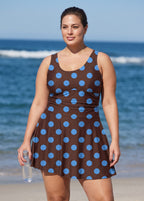 Brown Dot Scoop Neck Flattering Tummy Control Vintage Plus Size Swimdress Set