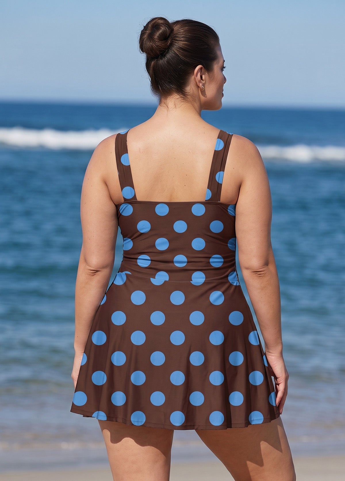 Brown Dot Scoop Neck Flattering Tummy Control Vintage Plus Size Swimdress Set