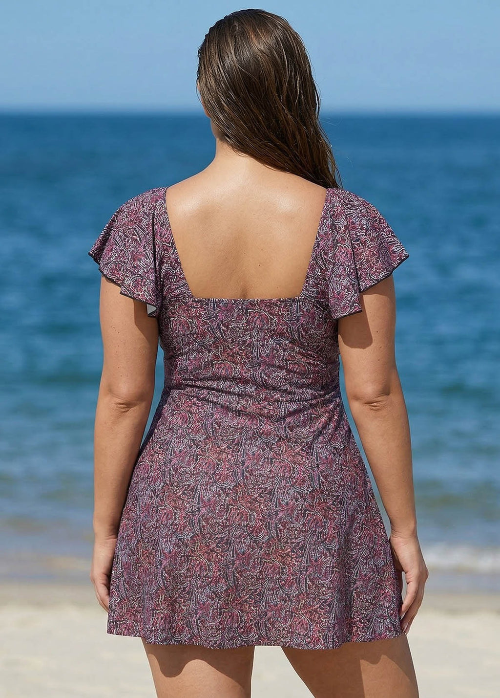 Plus Size Floral Print V-Neck Sleeves Swimdress Top