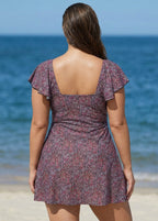 Plus Size Floral Print V-Neck Sleeves Swimdress Top