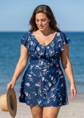 Curvy Blue Floral Print V Neck Cap Sleeves Vintage Ruffles Women's Swimsuit Swimdress Top