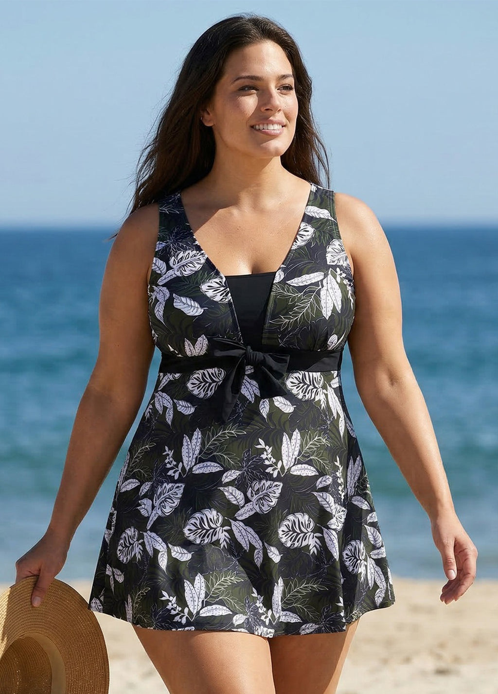Plus Size Black Leaf Print Vintage Swimsuit Swimdress Set