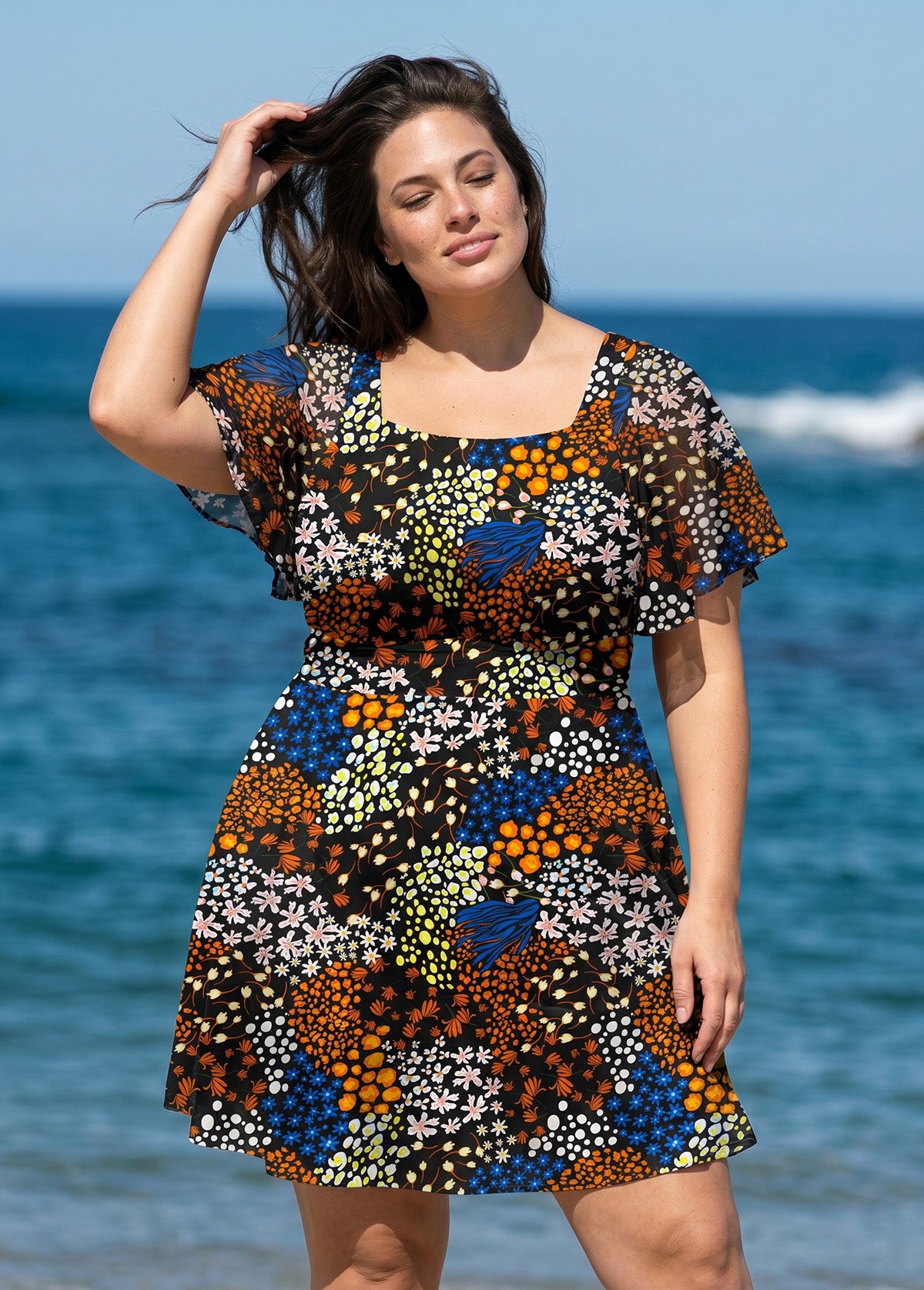 Black Floral Square Neck Mesh Short Sleeves Modest Ruffle Plus Size Swimsuit Swimdress Set
