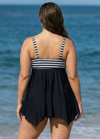 Black And White Striped Tie-Front Drawstring Asymmetrical Hem Swimdress Top