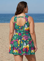 Green Floral Scoop Neck Sleeveless Flattering Cross Back Plus Size Women's Swimsuit Swimdress Set