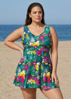 Green Floral Scoop Neck Sleeveless Flattering Cross Back Plus Size Women's Swimsuit Swimdress Set