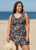 Plus Size Black Floral Scoop Neck Sleeveless Vintage Cross Back Women's Swimsuit Swimdress Set