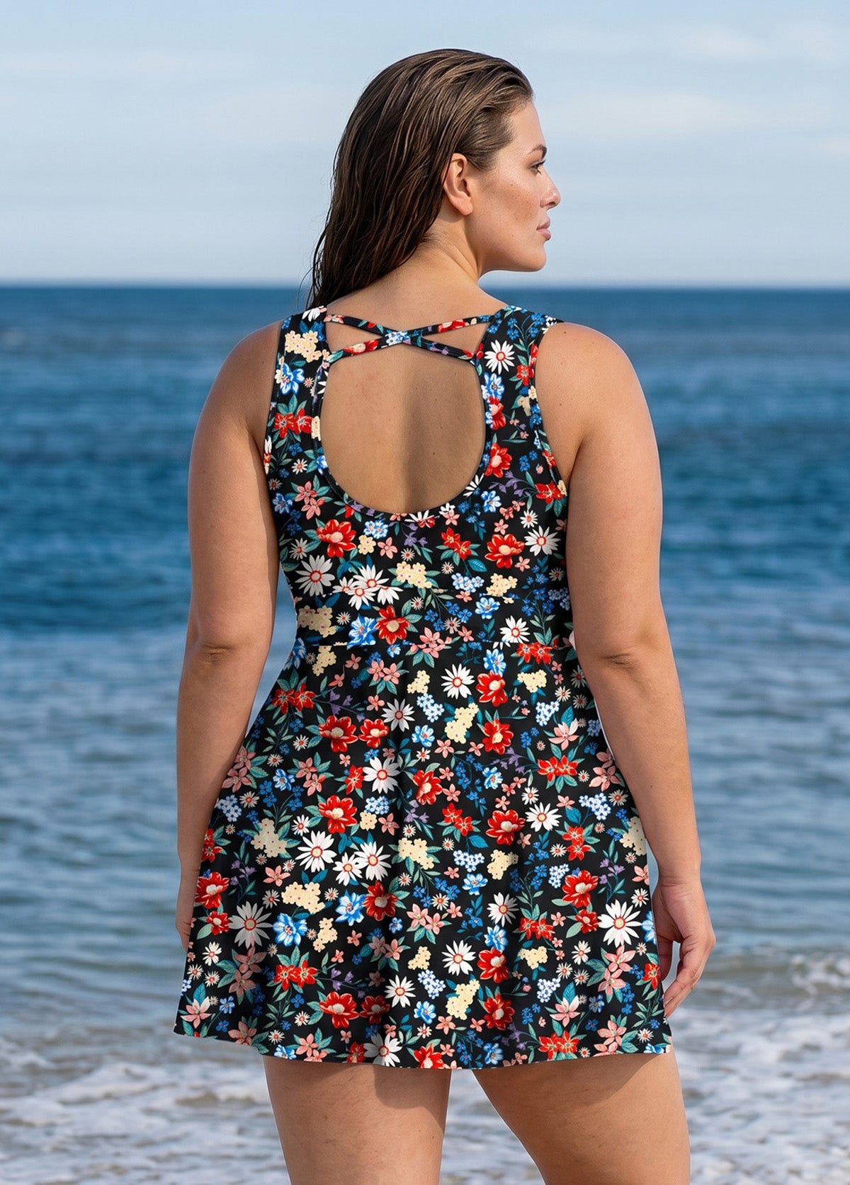 Plus Size Black Floral Scoop Neck Sleeveless Vintage Cross Back Women's Swimsuit Swimdress Set