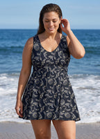 Curvy Black Floral Print Scoop Neck Sleeveless Modest Cross Back Swimsuit Swimdress Set