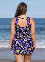 Purple Floral Print Scoop Neck Sleeveless Flattering Cross Back Plus Size Swimsuit Swimdress Set