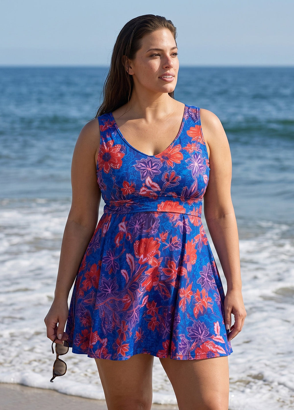 Blue Floral Print Scoop Neck Sleeveless Vintage Cross Back Curvy Swimsuit Swimdress Set