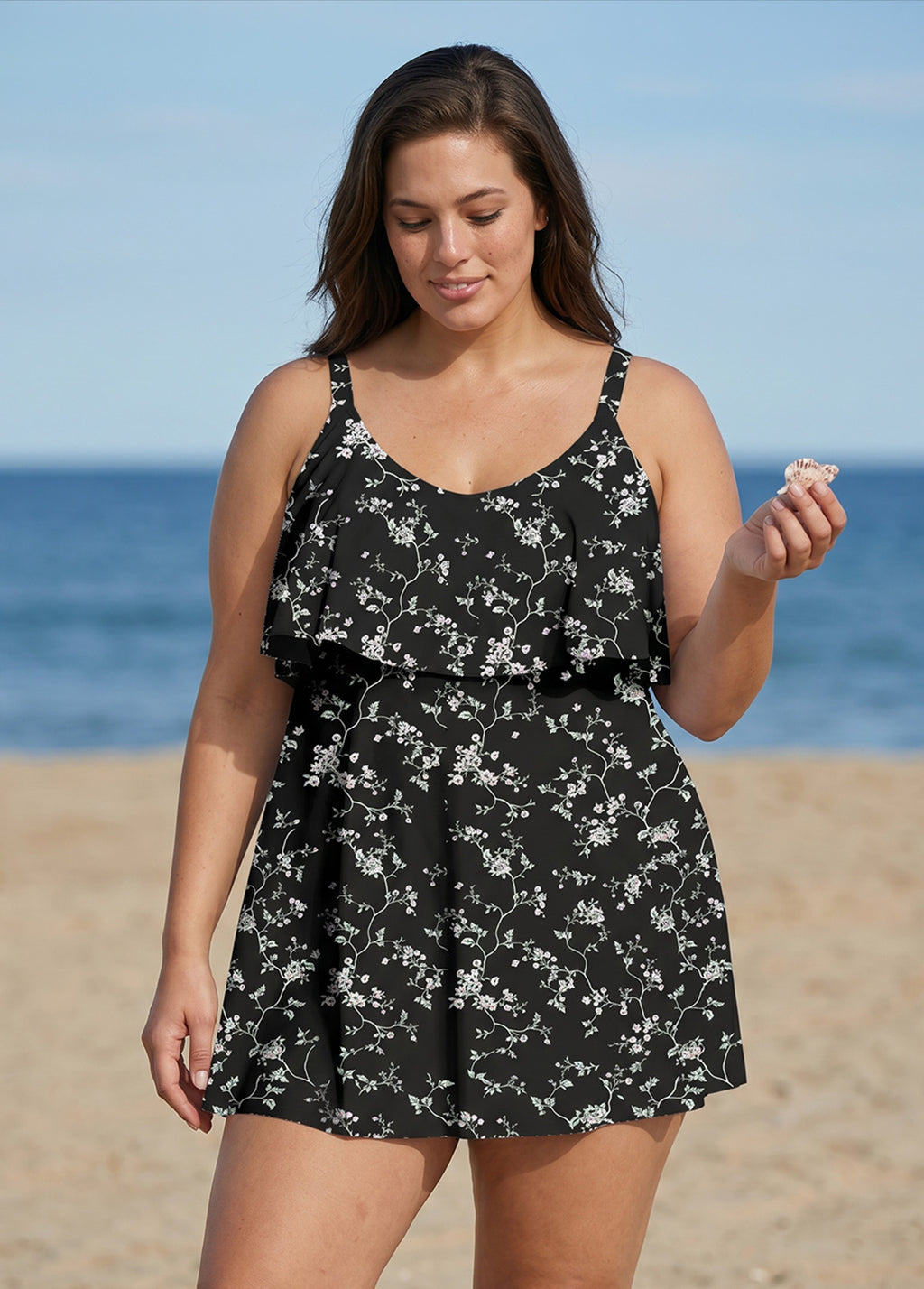 Black Floral Layered Ruffle Trim Adjustable Strap Elegant Plus Size One Piece Swimdress