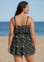 Black Floral Layered Ruffle Trim Adjustable Strap Elegant Plus Size One Piece Swimdress
