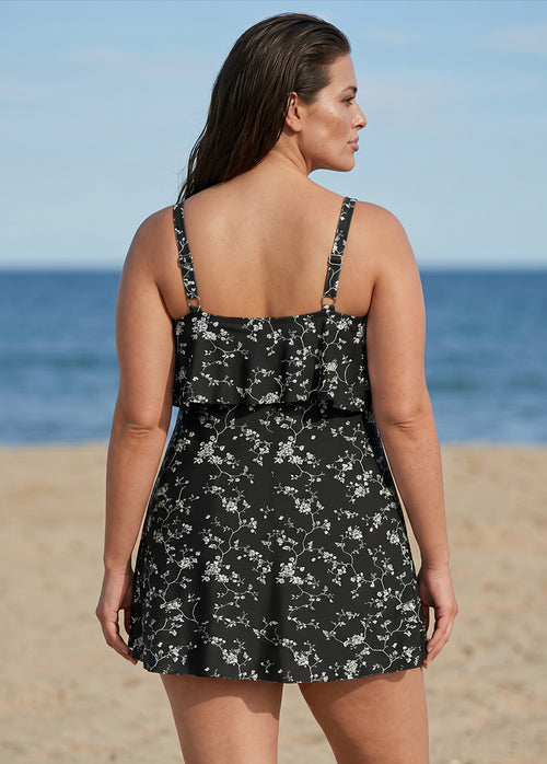 Black Floral Layered Ruffle Trim Adjustable Strap Elegant Plus Size One Piece Swimdress