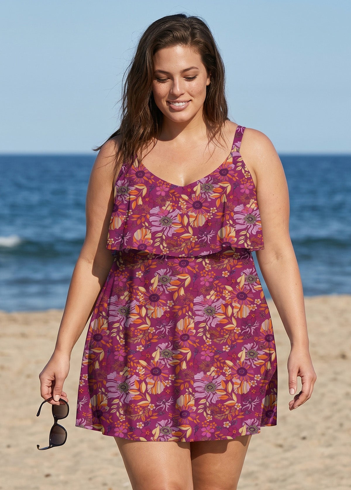 Curvy Purple Floral Layered Ruffle Trim Adjustable Strap Elegant  One Piece Swimdress