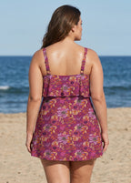 Curvy Purple Floral Layered Ruffle Trim Adjustable Strap Elegant  One Piece Swimdress