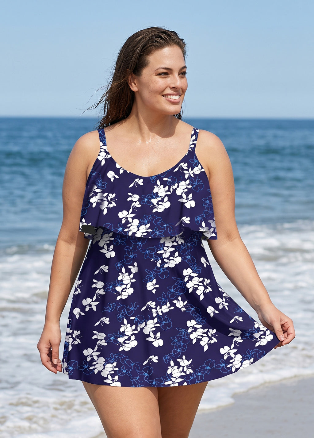 Plus Size Navy Floral Print Layered Ruffle Trim Adjustable Strap Elegant One Piece Swimdress