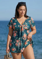 Plus Size Green Floral Short Sleeve Ladies Bathing Suits Swimdress Set