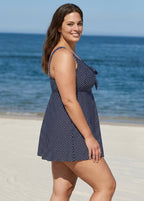 Women's Black Polka Dot Tie Front Modest One Piece Swimdress