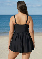 Black Plus Size Solid Color V Neck Ruffle One Piece Swimdress