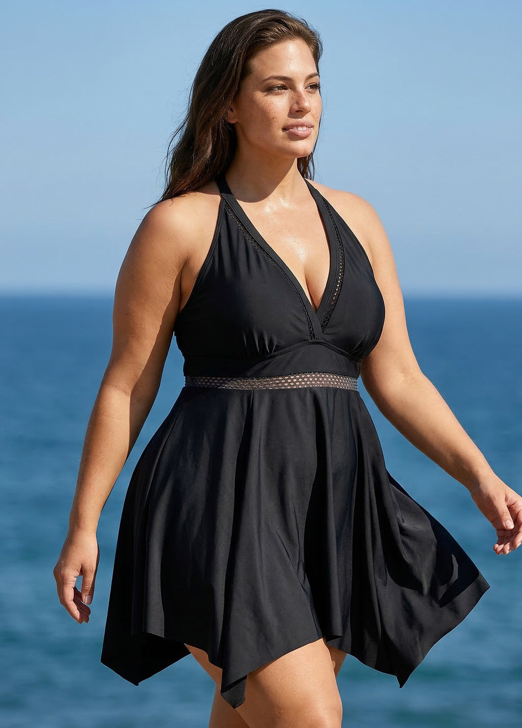 Black Plus Size V Neck Lace Mesh One Piece Swimdress