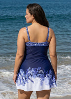 Navy White Floral Vintage Side Knot Side Slit Curvy Women's Swimsuit One Piece Swimdress