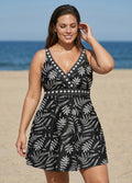 Plus Size Black Floral Fern Print V Neck Sleeveless Modest Women's Swimsuit Swimdress Set