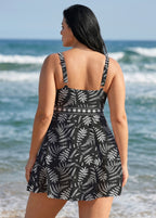 Plus Size Black Floral Fern Print V Neck Sleeveless Modest Women's Swimsuit Swimdress Set