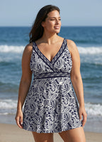 Navy Paisley Print V Neck Sleeveless Flattering Curvy Women's Swimsuit Swimdress Set