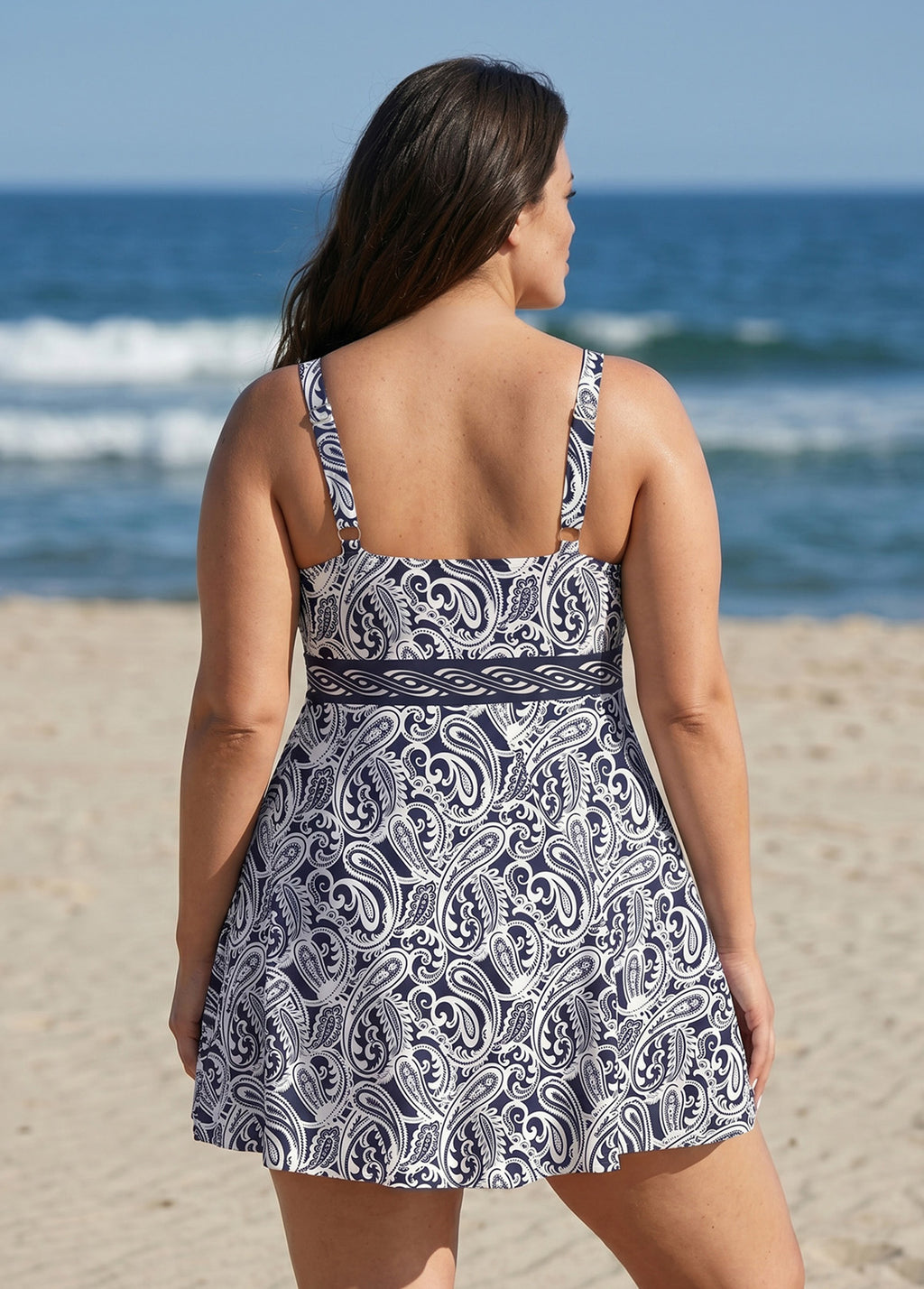 Navy Paisley Print V Neck Sleeveless Flattering Curvy Women's Swimsuit Swimdress Set