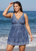 Plus Size Blue Geometric Pattern V Neck Sleeveless Flattering Women's Swimsuit Swimdress Set