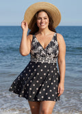Curvy Black Palm Tree Print V Neck Sleeveless Vintage Women's Swimsuit Swimdress Set